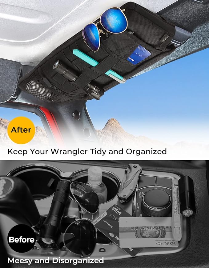 Upgraded Sun Visor Organizer Compatible with Wrangler JK 2007-2009, Multi-Pocket Net Zipper Visor Storage Cover, Molle Webbing Holder Pouch