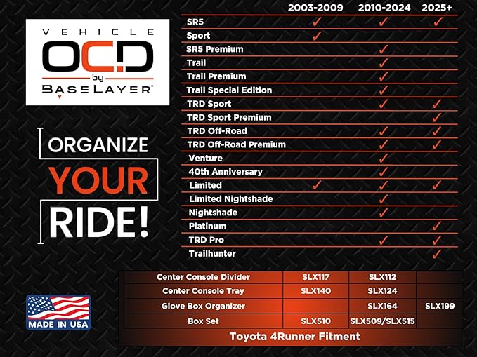 Vehicle OCD - Center Console Organizer Tray for Toyota 4Runner (2010-2024) and Kia Telluride (2020-2026) - Made in USA - SLX124