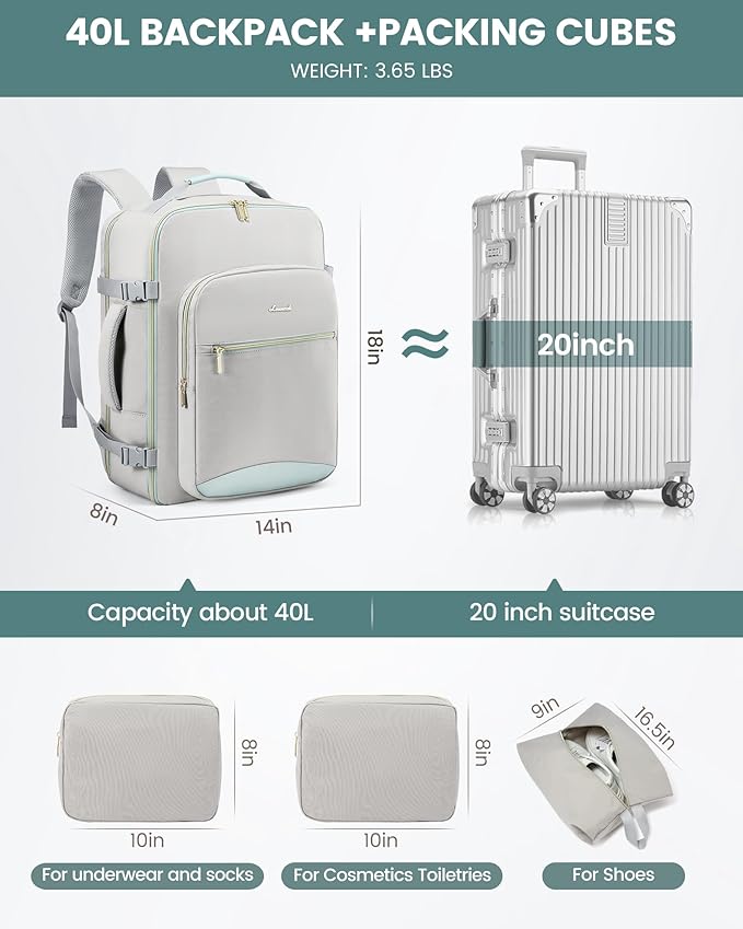 LOVEVOOK Travel Backpack for Women & Men 40L,Airline Approved Carry On Backpack Travel Essentials,TSA Carry on Luggage,Waterp