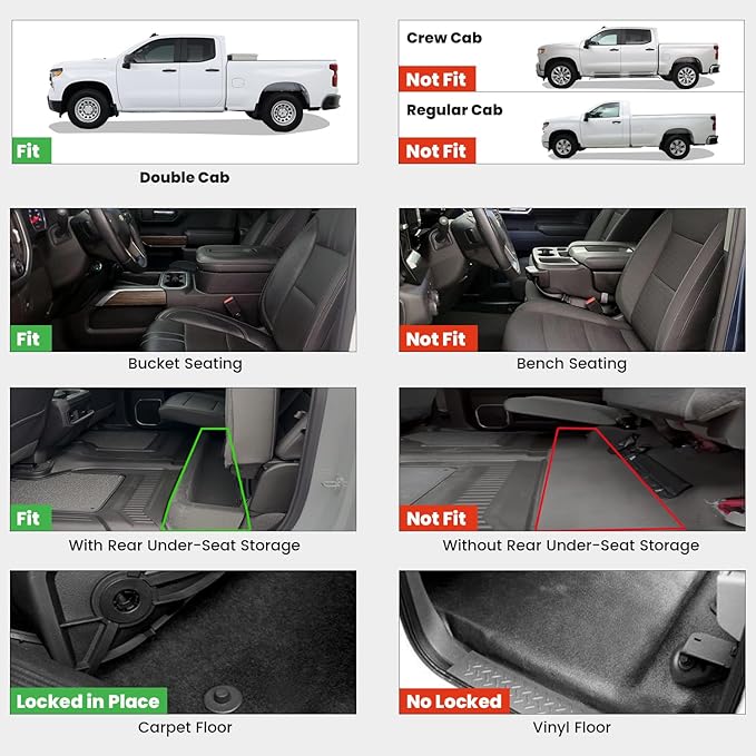 LASFIT Floor Mats 2019-2026 for Chevy Silverado/GMC Sierra 1500, 2020-2026 2500HD 3500HD, Only Double Cab/Bucket Seat (Only Fit with Rear Under-Seat Storage, But Not Fit 2nd Row Plastic Storage)