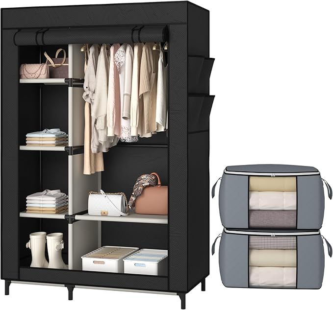 Calmootey Portable Closet, Wardrobe with 6 Shelves and Hanging Rod, Storage Organizer for Bedroom, Non-Woven Fabric Cover wit
