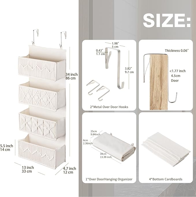 ANTIS'S HOME Nursery Over The Door Organizer Boho Decor Nursery Storage with 4 Large Woven Pockets, Macrame Nursery Organizer