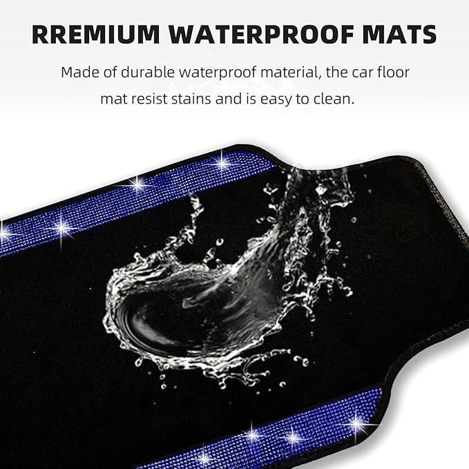 NBTEPEM Bling Car Floor Mats Full Set and Steering Wheel Cover, Universal Fit Most Cars, 4 pcs Sparkle Glitter Diamond Carpet, 5 pcs Bling Car Accessories Set for Women (Blue Diamond)