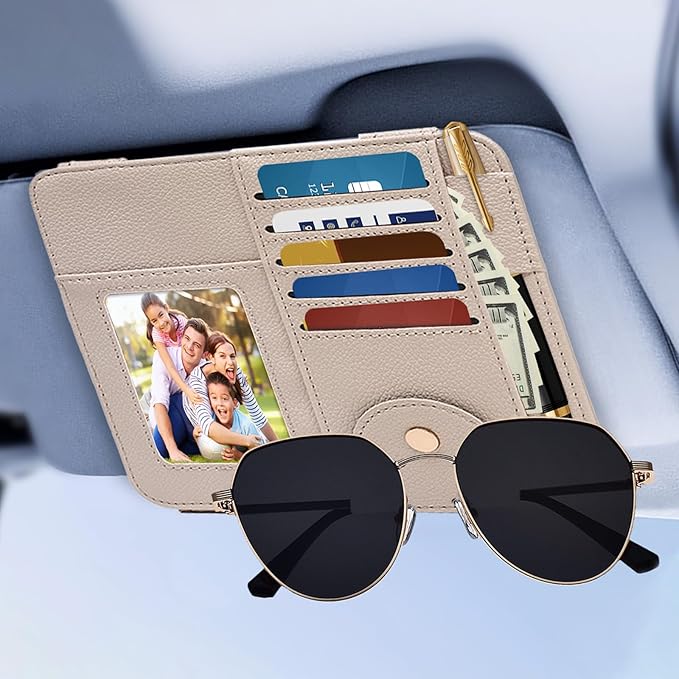 Visor Organizer, Apricot Sunglass Holder For Car, Sunvisor Organizers with Multiple Pockets and Picture Frame, Essential Car Interior Accessories for Women and Men