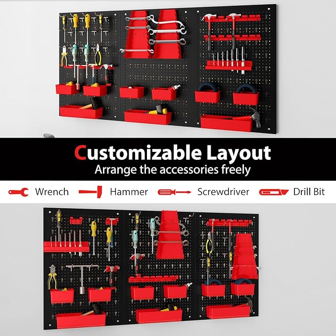 Goplus Pegboard Wall Organizer, 9-Bin Parts Rack Organizer w/Hammer Racks, Tool Holders & Hooks, Heavy-Duty Utility Tool Stor
