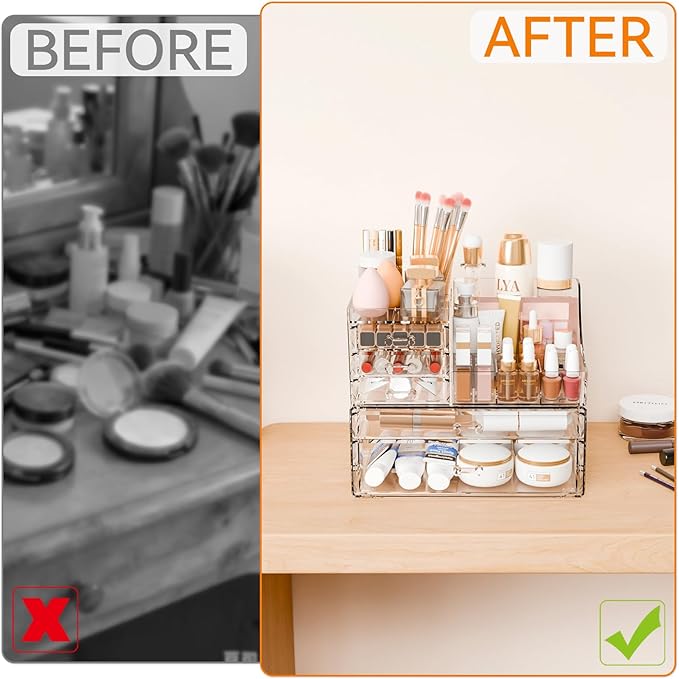 Yieach 2 Pack Clear Makeup Organizer Countertop for Dresser,Vanity and Bathroom Counter Organizer,Tiered Stackable Makeup Acr