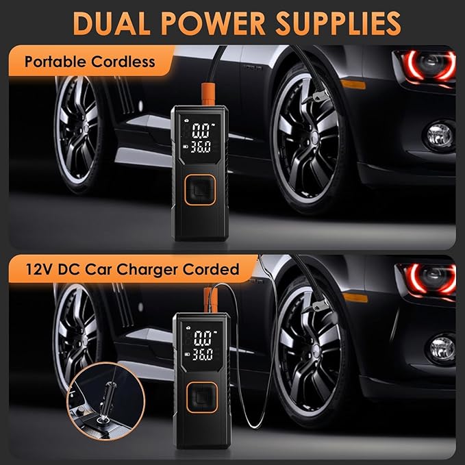 Tire Inflator Portable Air Compressor, 150PSI Cordless Air Pump For Car Tires, Bike Pump, Motorcycle, Balls, Portable Tire Inflator with Digital Pressure Gauge, 3X Fast Inflation, Auto Shut-off