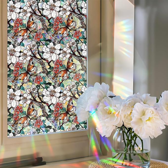 Retro Flower Window Privacy Film,Stained Glass Decals Floral Butterfly Privacy Rainbow Decals Living Room Sun Blocking Decor Removable Static Cling Stickers,16.93x39.37inch