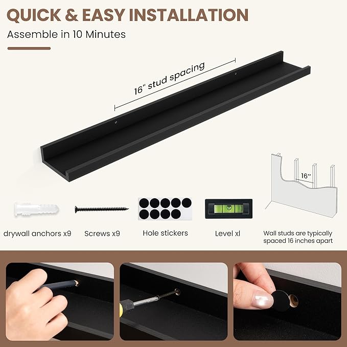Fun Memories Picture Ledge Shelf, Black Floating Shelves Set of 4, 32 Inch Picture Shelves for Wall with Ledge, Large Nursery