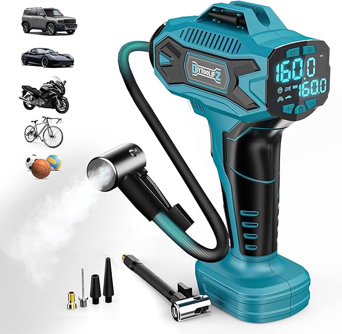 Cordless Tire Inflator Air Compressor Compatible with Makita 18V Battery, 160PSI Portable Air Pump with Digital Pressure Gauge, Fast Inflation for Cars, Motorcycles, Bikes(Bare Tool)