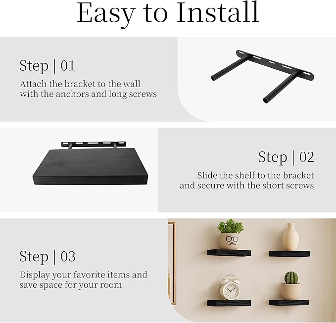 BGMG Wood Floating Shelves 12 inch,Black Floating Shelves,Solid Wood Wall Shelves for Bathroom Living Room Bedroom Kitchen Fa
