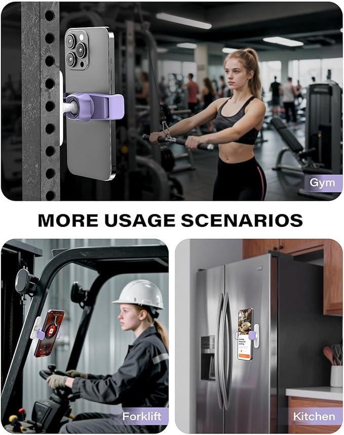 APPS2Car Gym Magnetic Phone Holder, 360 Adjustable, Compatible with 4.7-6.5" Smartphones, Alloy Base and Joint, Gym Accessories for Women, Purple