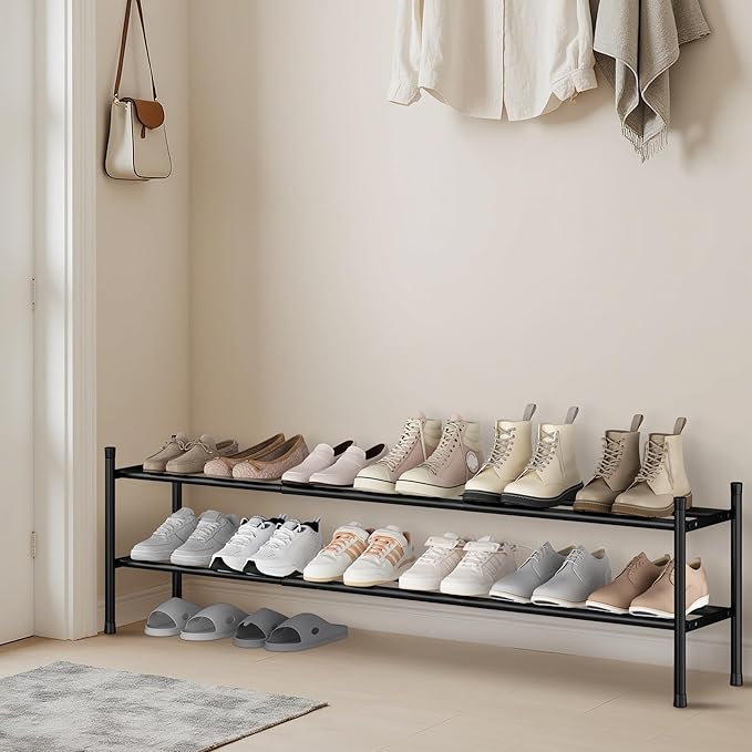 STORAGE MANIAC Long Expandable Shoe Rack, 12 Pairs Metal Wide Stackable Shoe Rack, Adjustable Shoes Shelf, Freestanding Shoes