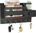 VIS'V Key Holder Wall Mount, Wooden Mail and Key Organizer with Drawer and Shelf, 2 Slots, 6 Hooks, Black