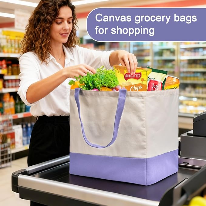 Reusable Grocery Bags Heavy Duty, 8.3 gal Foldable Large Canvas Tote Bag with Handles, Holds 60 lbs Canvas Shopping Bags, 3 Pack（Off White+Light purple）