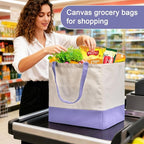 Reusable Grocery Bags Heavy Duty, 8.3 gal Foldable Large Canvas Tote Bag with Handles, Holds 60 lbs Canvas Shopping Bags, 3 Pack（Off White+Light purple）