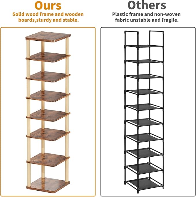 LUCKNOCK Vertical Shoe Rack, 8-Tier Tall Narrow Shoe Organizer for Entryway, Closet, Dorm & Small Spaces, Freestanding Wooden