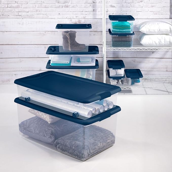 Sterilite 24-Pack Color Program, Large Clear Plastic Storage Bins with Lids, 64 Quart, Blue - Stackable Organizing Container 