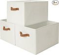 StorageWorks Foldable Storage Bins with PU Handles, Closet Storage Baskets, Fabric Bins for Clothes Storage, Ivory White, 3-P