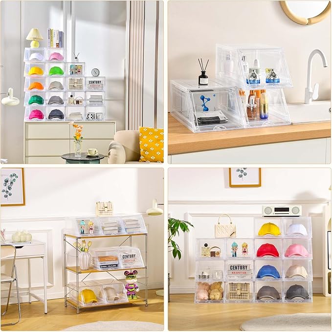 4 Pack Hat Organizer for Baseball Caps,Large Clear Cap Organizer with Drawer,Hats Holder Box for Closet with Sliding Tray,Sta