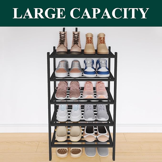 Smiry Small Bamboo Shoe Rack 5-Tier, Stackable Wooden Shoe Organizer for Entryway & Closet, Free Standing Wood Shoe Storage S