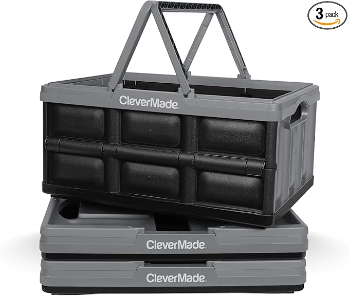 CleverMade Collapsible Shopping Basket 32L, 3 Pack – Folding Grocery Basket with Handles, Stackable Reusable Storage Crate wi