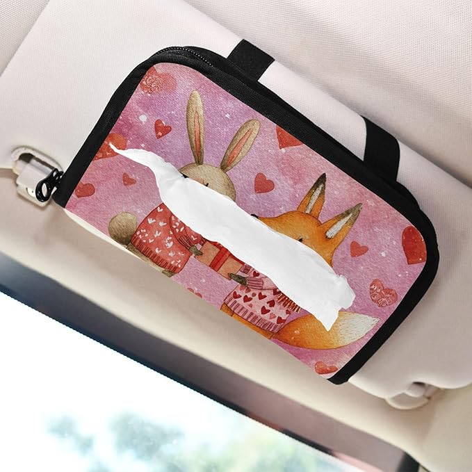 Car Tissue Holder Car Visor Organizer Tissue Box Holder for Car Sun Visor Organizer with Car Vehicle Accessories Essentials Interior for Women Men Valentines Fox Bunny Hearts Pink