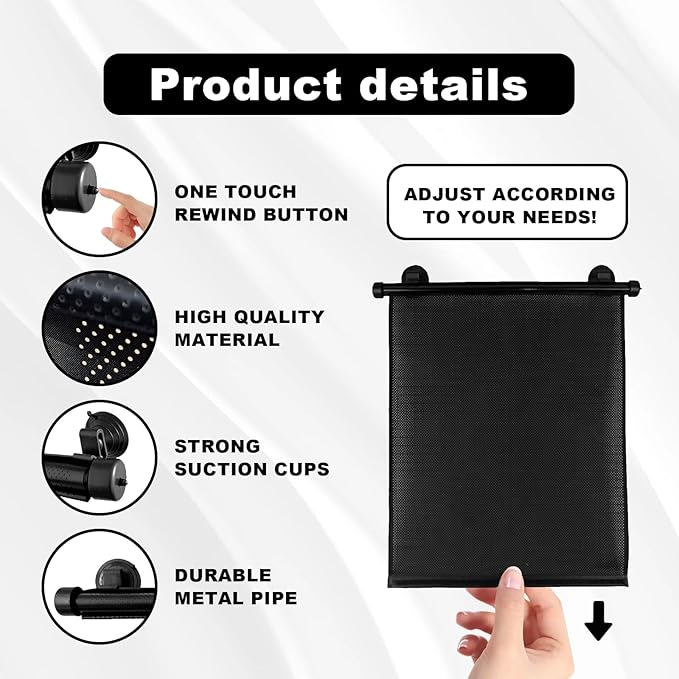 Vrasly 2 Pack Roller Car Side Window Sun Shade, Retractable Car Window Shade for UV and Sun Glare Protection (15"x17")