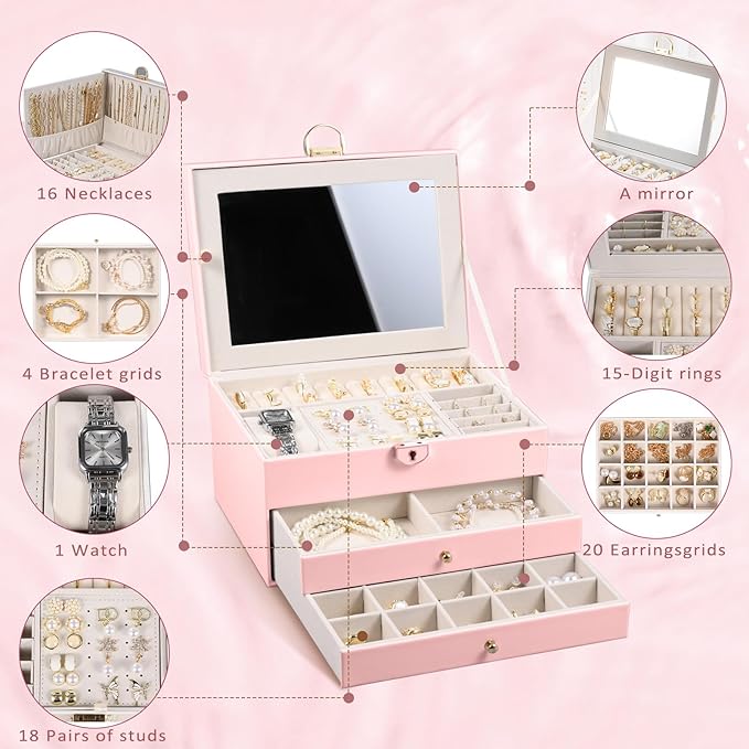3 Layer Jewelry Boxes Large Jewelry Holder Organizer Case with 2 Jewelry Organizer Drawer PU Necklace Organizer Lockable Upgr
