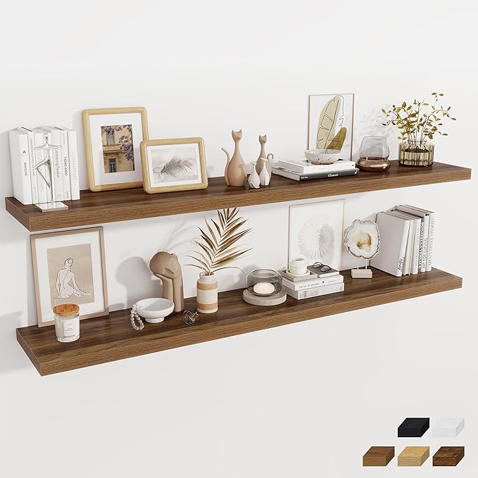 Fun Memories Walnut Deep Floating Shelves, 72 x 12 Inch Long Wall Shelves, Large Display Shelf & Storage Shelf, Wood Floating