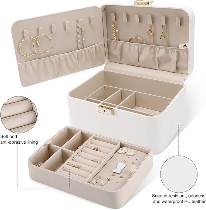 KAMIER Travel Jewelry Box, 2 Layers PU Leather Portable Jewelry Organizer, Large Capacity, Double Lock and Large Mirror, Hidd