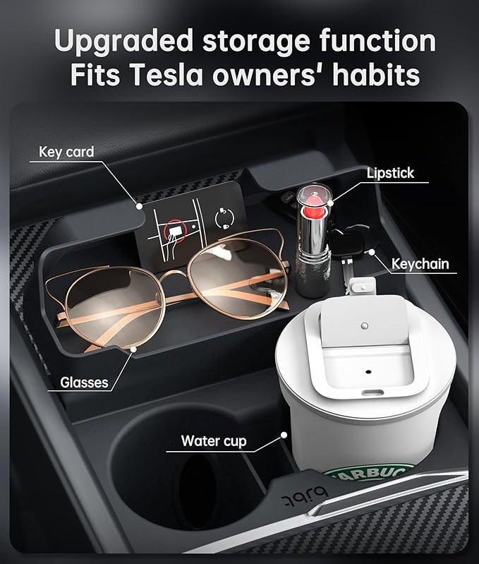 for Tesla Cup Holder Insert, 2-in-1 for Model Y Juniper(2025/2026)& Model 3 Highland(2024/2025) with Storage Compartment - Bl