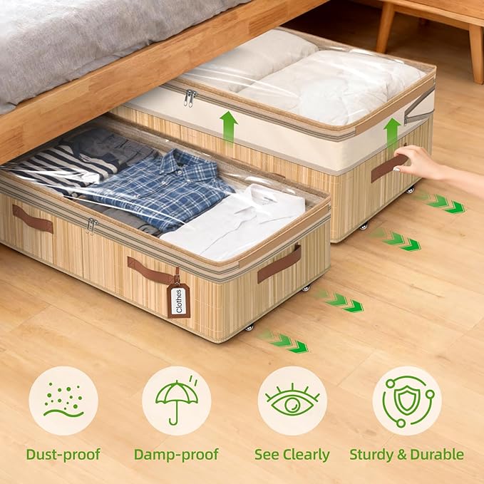 Livole Bamboo Under Bed Storage with Wheels, 6-10 inches Height Adjustable Underbed Storage Containers, 92L XXXL Large Rollin