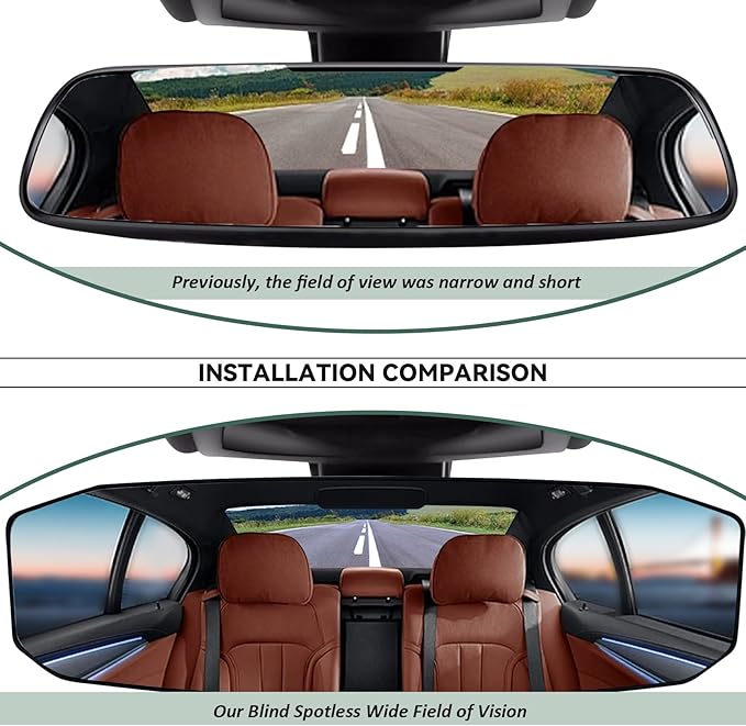NTNEV 12''x3.5'' Large Rear View Mirror, Anti Glare Panoramic Wide Angle Rearview Mirror, Universal Interior Clip On Rear View Mirror for Car SUV Trucks