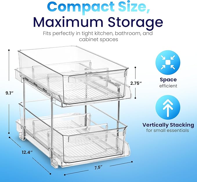Masirs 2-Tier Clear Pull-Out Drawer Organizer - Sleek, Compact & Sturdy Makeup and Closet Organizer - Easy Assembly Kitchen S