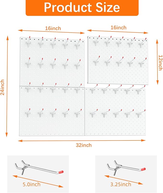 TORACK Metal Pegboard Panels and Hooks for Garage, Workbench, Shop, Shed Tool Organizer Peg Board with 1/8" & 1/4" Holes, Mod
