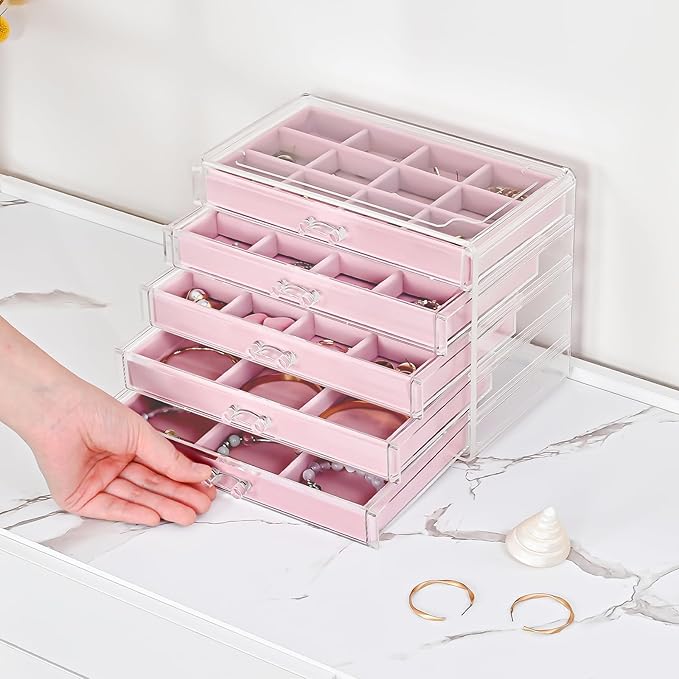 ProCase Earring Holder Organizer Jewelry Box with 5 Drawers, Acrylic Clear Earring Case with Adjustable Velvet Trays for Wome