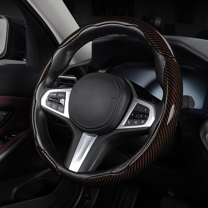 Carbon Fiber Steering Wheel Cover, Snap on Car Steering Wheel Cover Set Accessories 3pcs Wrap Grip Non Slip Protector Universal Glossy Brown