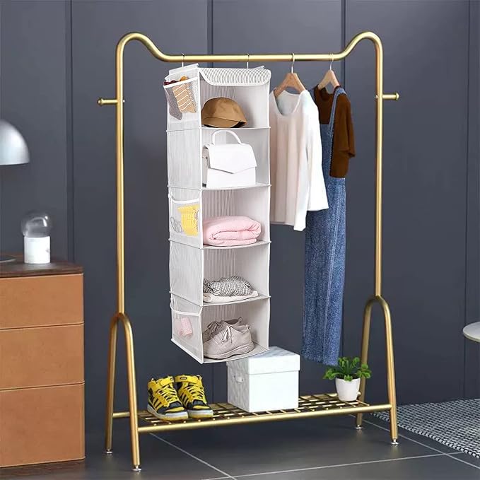 BrilliantJo 5 Shelves Hanging Closet Organizer, 2 Pack Hanging Storage with 6 Side Pockets for Clothes Shoes, 43"x12"x12"(Str