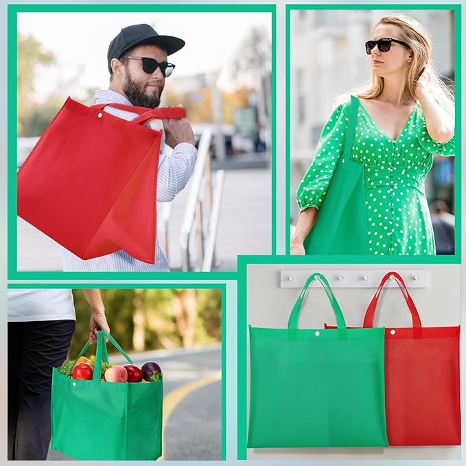 Boao 48 Pack Reusable Grocery Bags 13''L x 9.4''W x 15''H Large Foldable Shopping Tote Bag Non Woven with Handle and Button