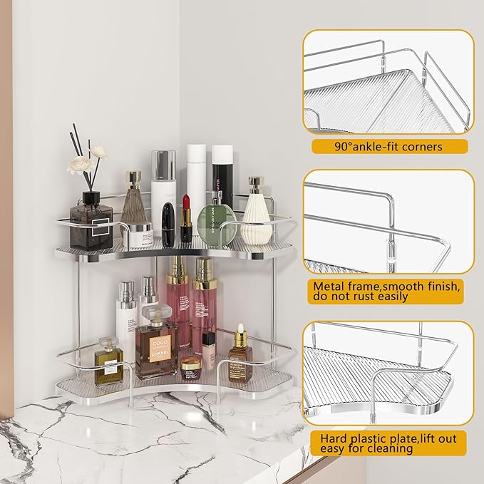 FOLLOWIN 2 Tier Bathroom Countertop Corner Organizer,Countertop Perfume Tray,Vanity Counter Shelf,Skincare Makeup Cosmetic Va