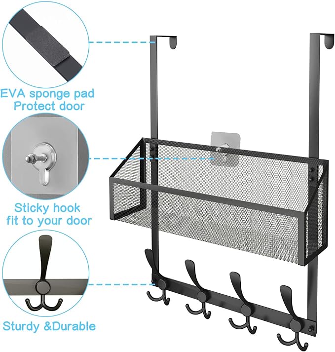 Kaiferty Over The Door Hooks Organizer, Coat Rack Over The Door Storage Hanger Towel Rack, Back of Door Storage Organizer for