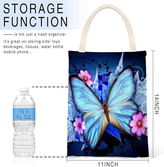Car Trash Bag Hanging No Snap Small Garbage Bag for Car Back Seat Cute Printed One-handed Strap Trash Bags Car Accessories-Blue Butterfly Car Trash Bags