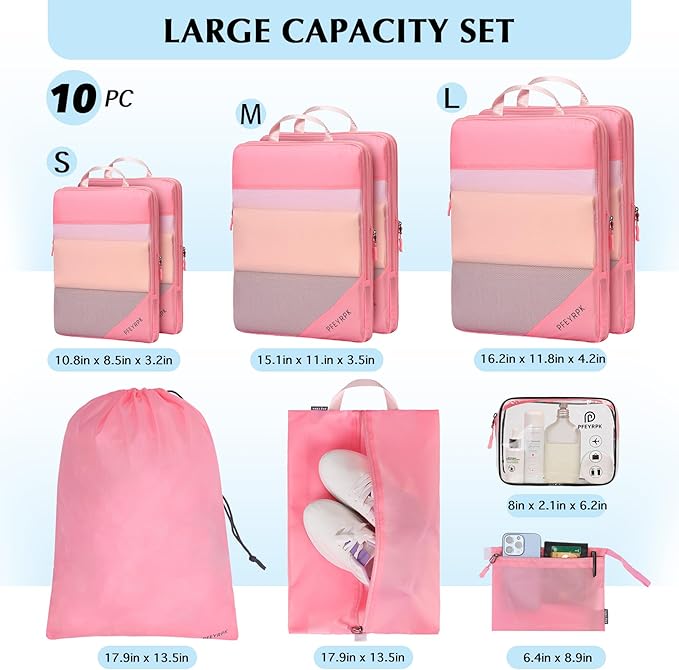 PFEYRPK Lightweight Compression Packing Cubes for Suitcases, Compressible Expandable Travel Packing Organizer with Clear Toil