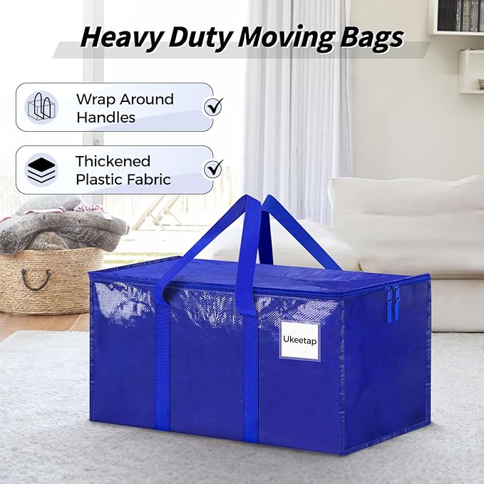 8 Pack Extra Large Heavy Duty Moving Bags, Blue Storage Bins with Lids, Reinforced Handles & Heavy-Duty Zippers Moving Boxes 