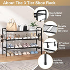 VILICK 3 Tier Shoe Rack 33" Wide Metal Shoe Organizer Long Shoe Storage with 4 Side Hooks Sturdy Shoes Shelf for Front Door E
