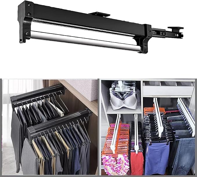 Adjustable Extendable Clothes Rail - Pull Out Closet Rod, Stainless Steel Hanger Organizer, Collapsible Drying Rack for Balco
