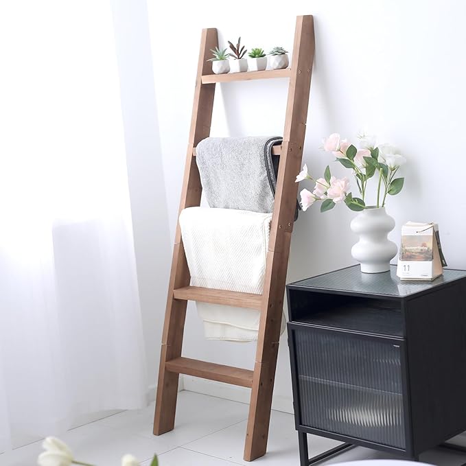 FUIN 5ft (58") Wood Blanket Ladder Living Room Decorative Wall Leaning Farmhouse Quilt Display Holder Shelf Rustic Wooden Tow