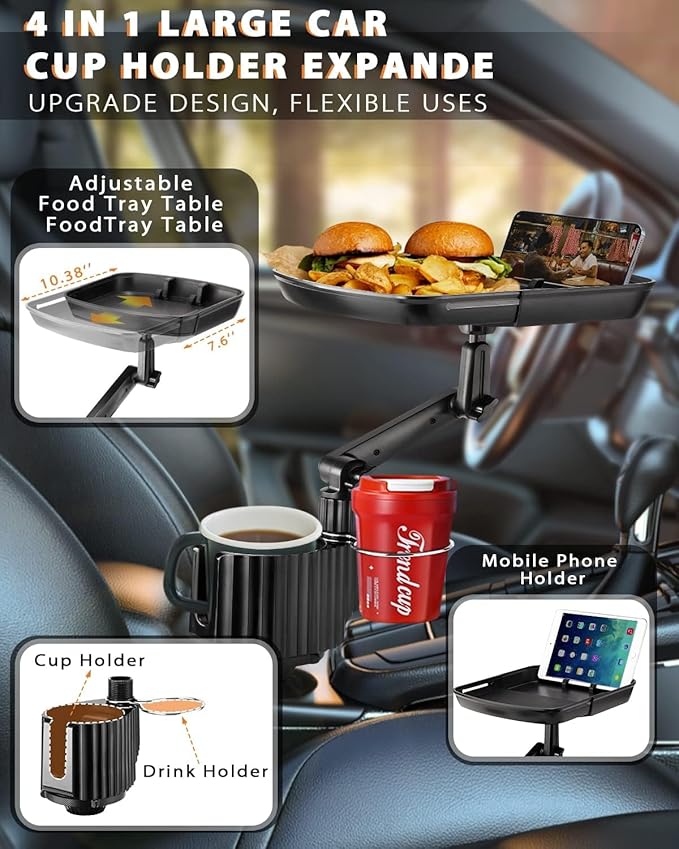 4-in-1 Car Cup Holder Expander Tray,Detachable Upgraded Food Tray Expandable Dual Cup with Phone Holder,360°Rotation Adjustable Base,Road Trip Essentials Accessories for Drinking and Eating