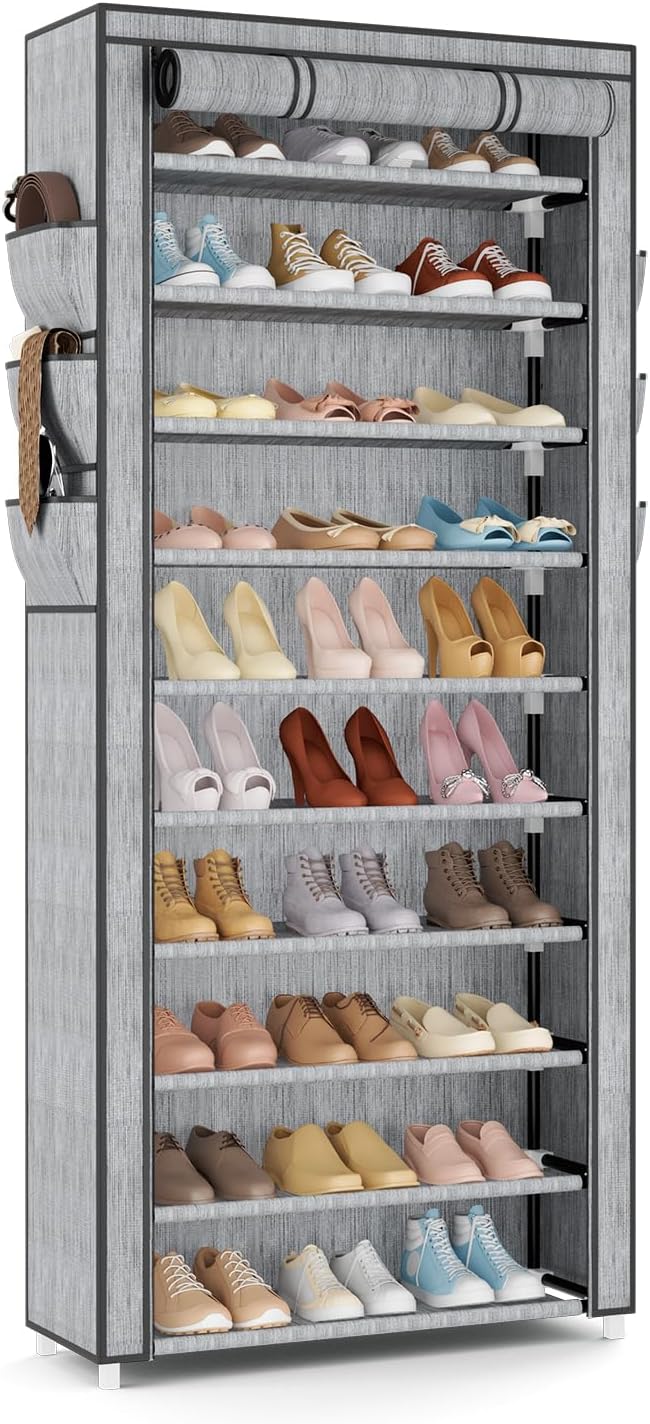 VTRIN Vertical Narrow Shoe Rack Organizer Tall Shoe Rack for Closet Entryway 10 Tier Non-Woven Cover Shoe Shelf Holds 36-41 P